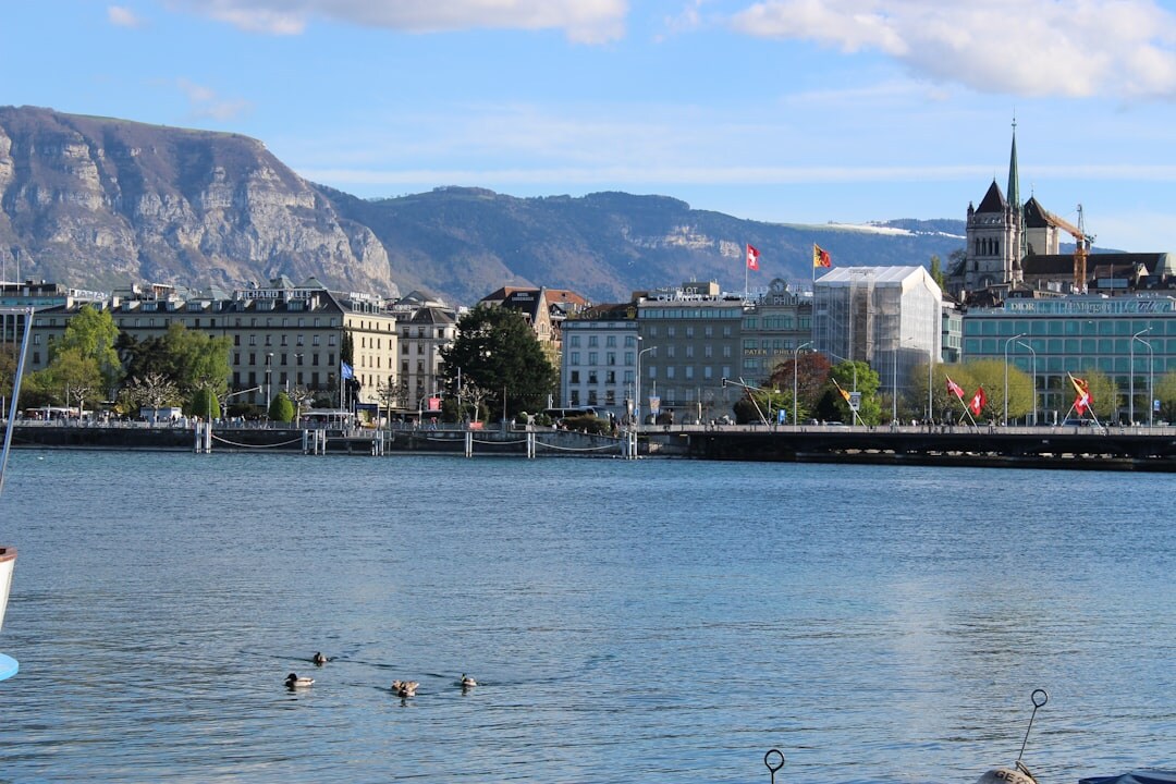 Luxury lakeside hotel terrace overlooking Lake Geneva