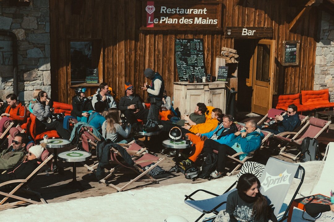 Cozy mountain restaurant terrace in the Swiss Alps